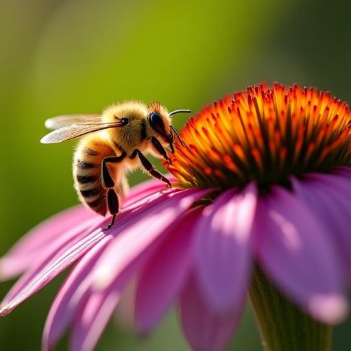 A busy honeybee gently gathering nectar from a vibrant purple coneflower in a sunlit urban garden.