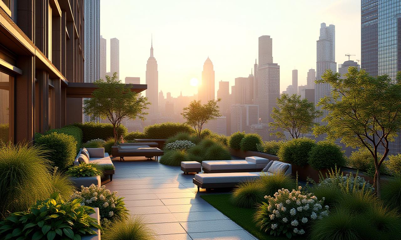 Lush rooftop garden in New York City skyline