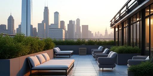 A sophisticated corporate rooftop terrace in Midtown, Manhattan, with modern seating, planters filled with greenery, and a panoramic city view.
