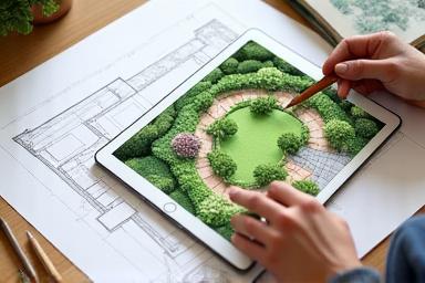 A gardener's sketch and tablet showing a detailed garden design plan with plant selections and pathways.