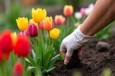 A gardener carefully planting colorful tulips and other spring flowers in a well-maintained garden bed.