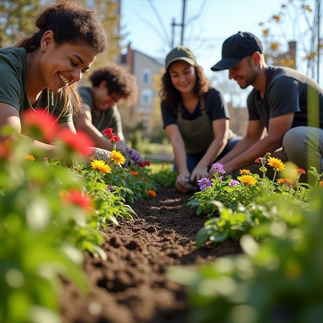 Silk Bloom Gardens team planting native flowers in a Brooklyn backyard, smiling and working together under the New York sun.
